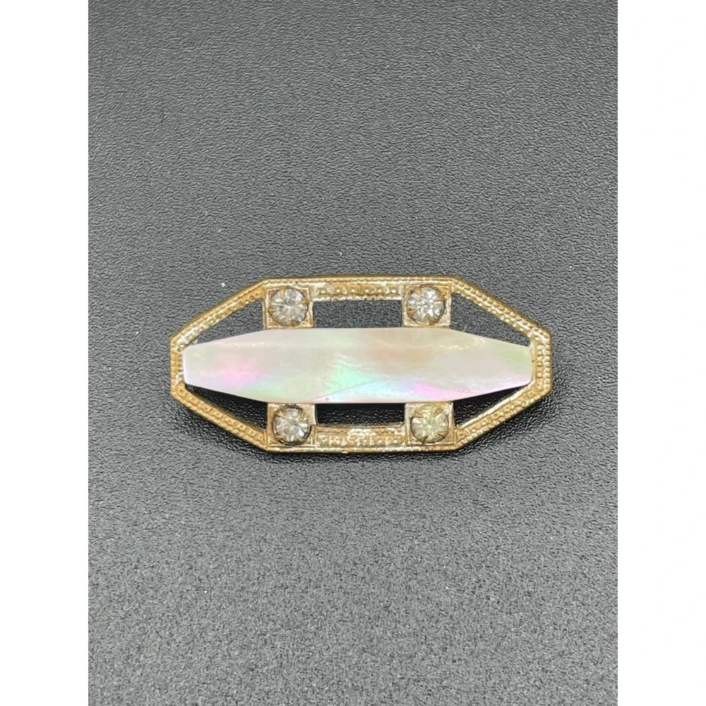 Vintage Iridescent Mother Of Pearl Rhinestone Brooch Metal 1